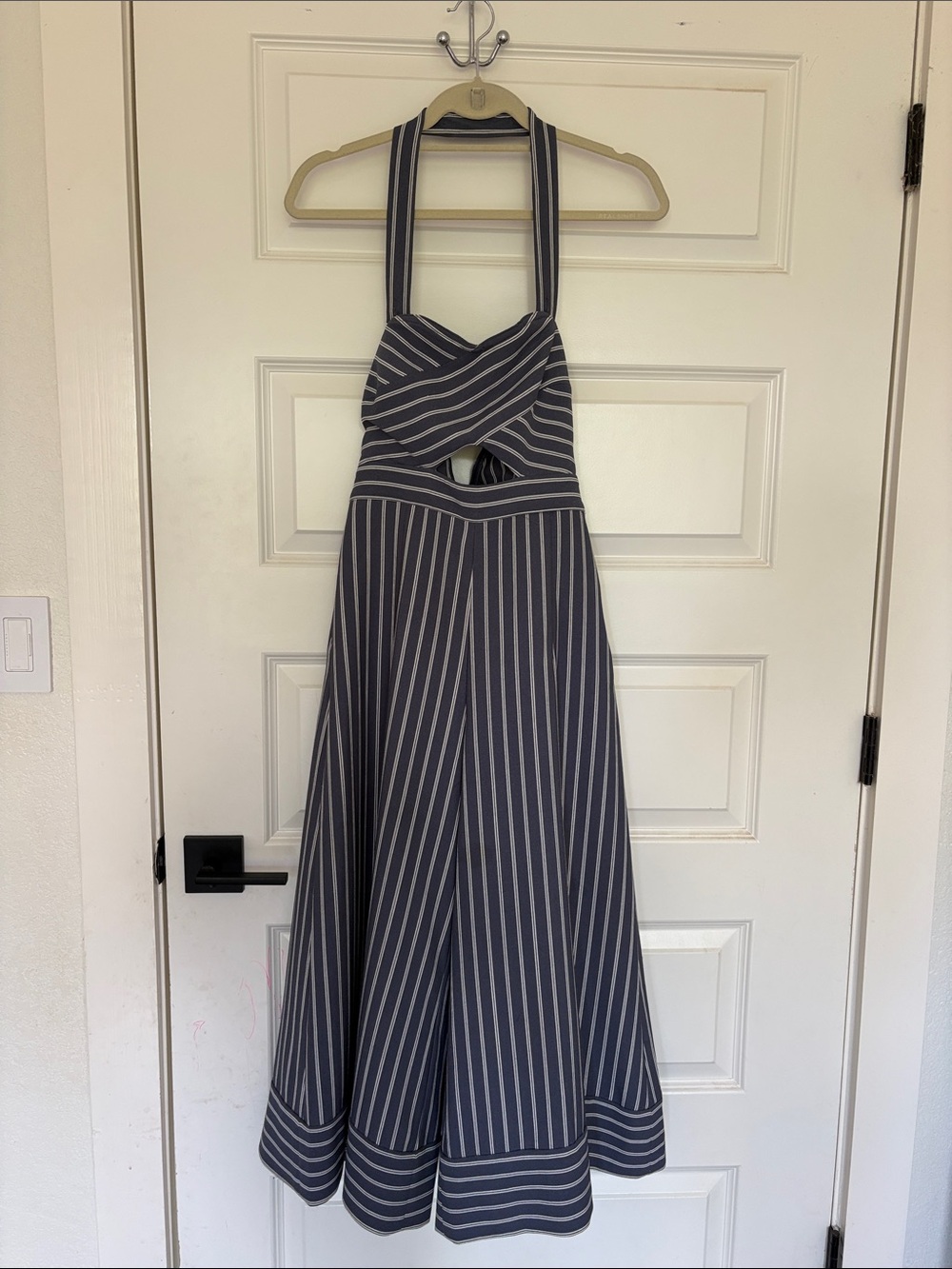 Leith Navy and White Striped Halter Jumpsuit